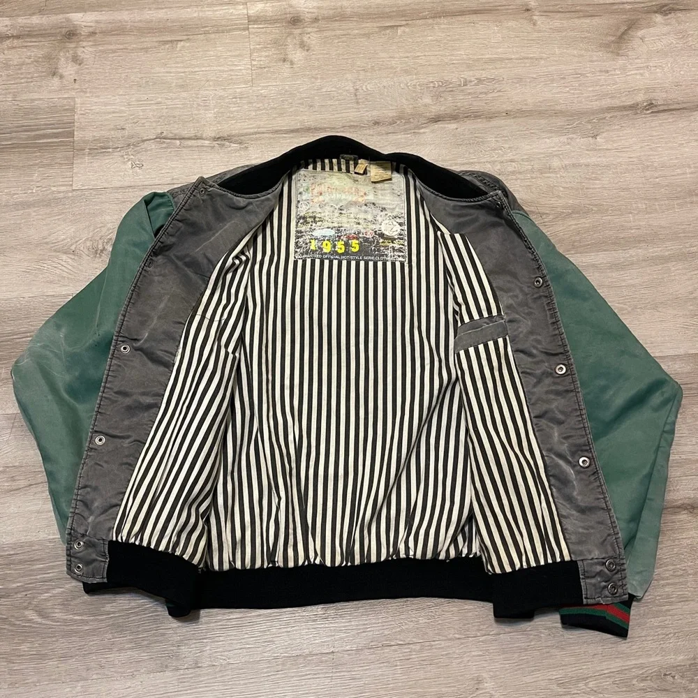 Point Zero Grey Body Green Sleeve Varsity Jacket with Embroidered Back - Picture 3 of 4